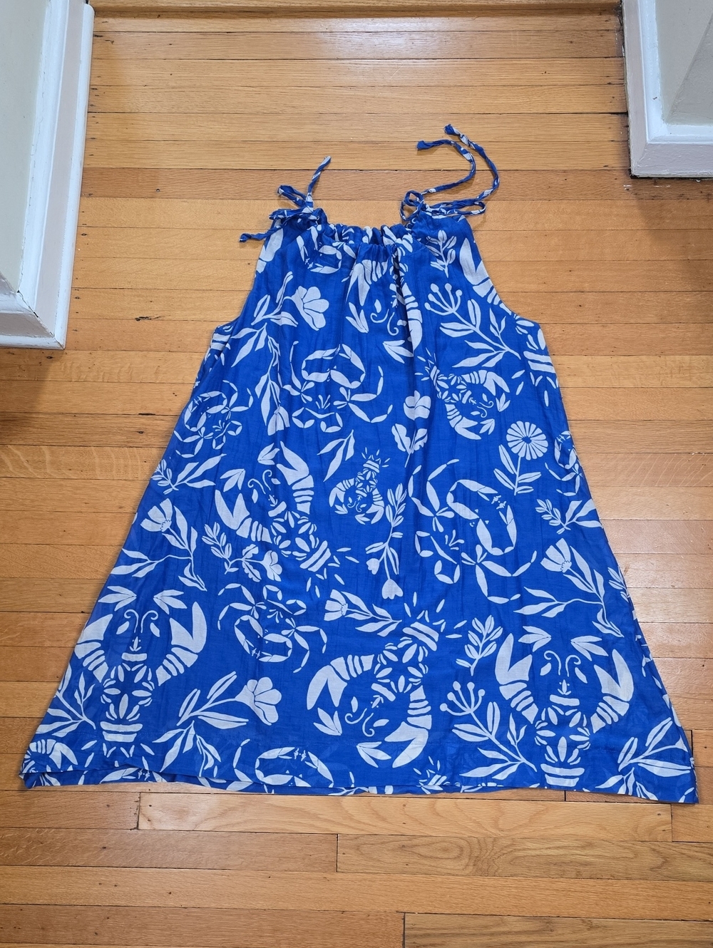 FRNCH, Lobster Crab Print Tie Shoulder Swing Midi Dress, Blue/White, EUC, W's M